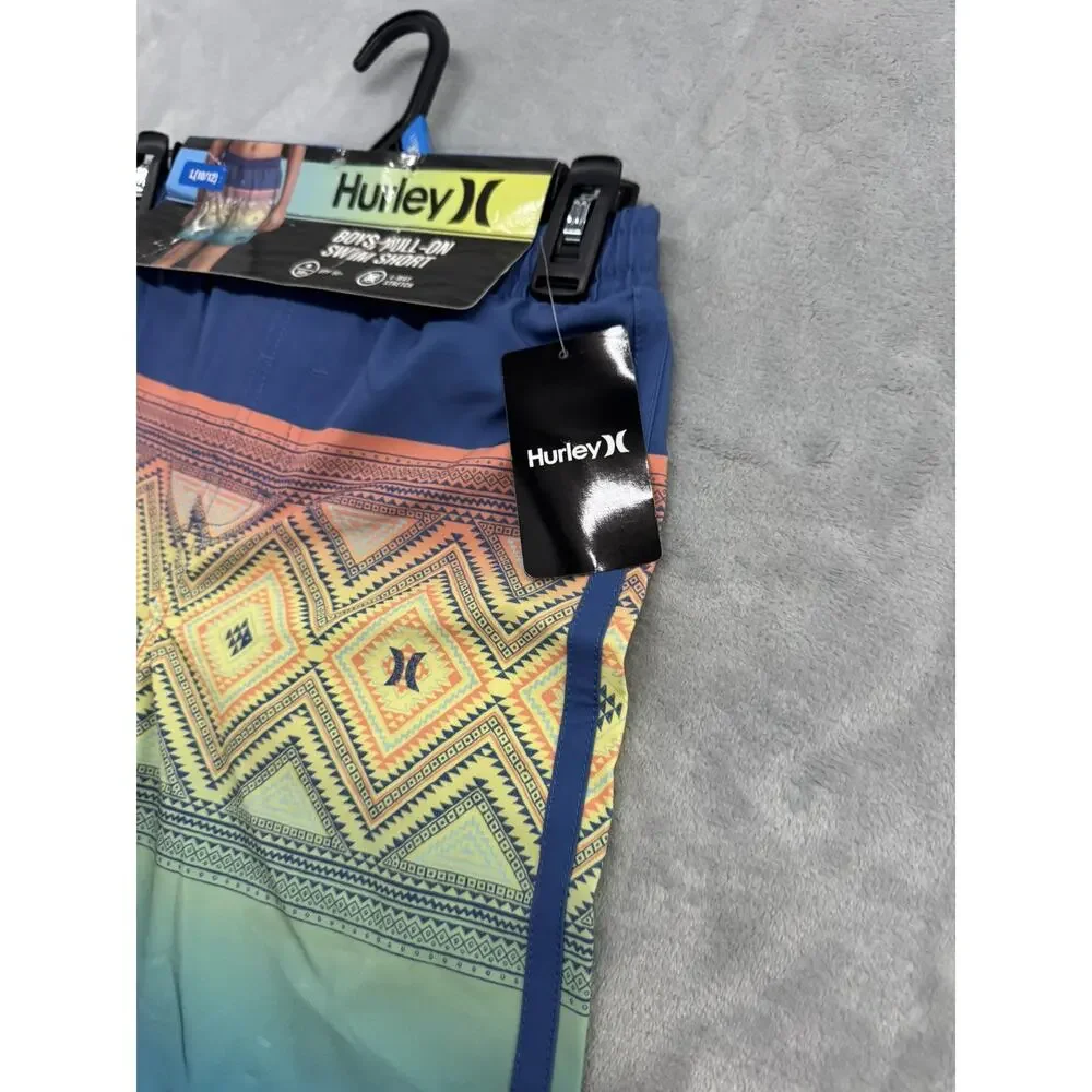Hurley Boys Geometric Swim Shorts Blue Pink White L (10/12) Drawstring Stretch